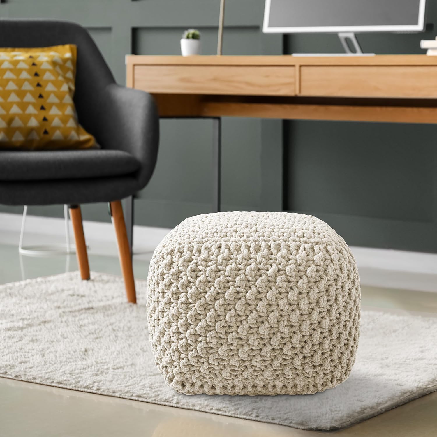 Casafield Square Pouf Ottoman, Natural - 18.5" W x 18.5" D x 14.5" H Cotton Knit Foot Stool - Boho
