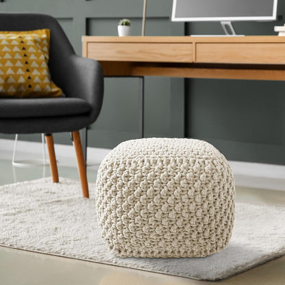 Casafield Square Pouf Ottoman, Natural - 18.5" W x 18.5" D x 14.5" H Cotton Knit Foot Stool - Boho