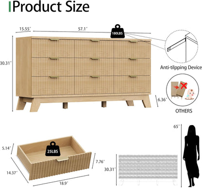 Fluted Dresser for Bedroom with 9 Drawers, 57" Wide Modern Chest of Drawers with Metal Handle