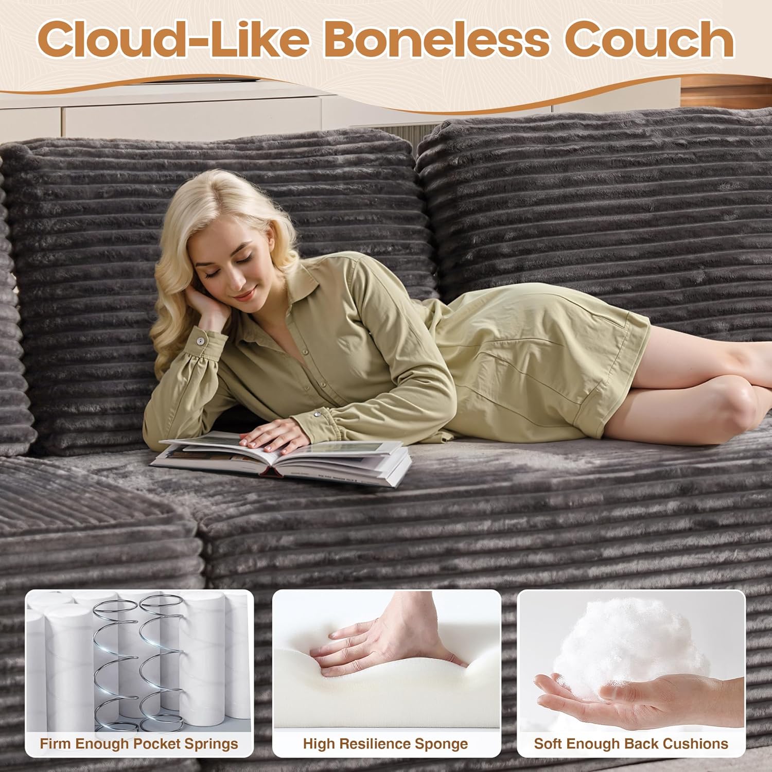 Cloud Sectional Couches for Living Room,U Shaped Modular Sofas No Assembly,135x79 Inches Plush