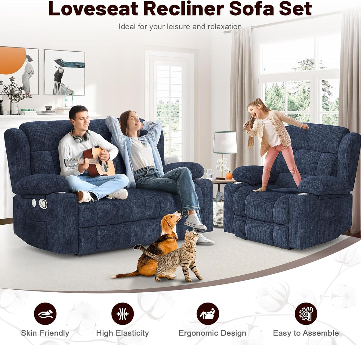 Loveseat Recliner Sofa Set with 2+1 Pieces, 2 Seater Minimalist Style Fabric Manual Pull Tab