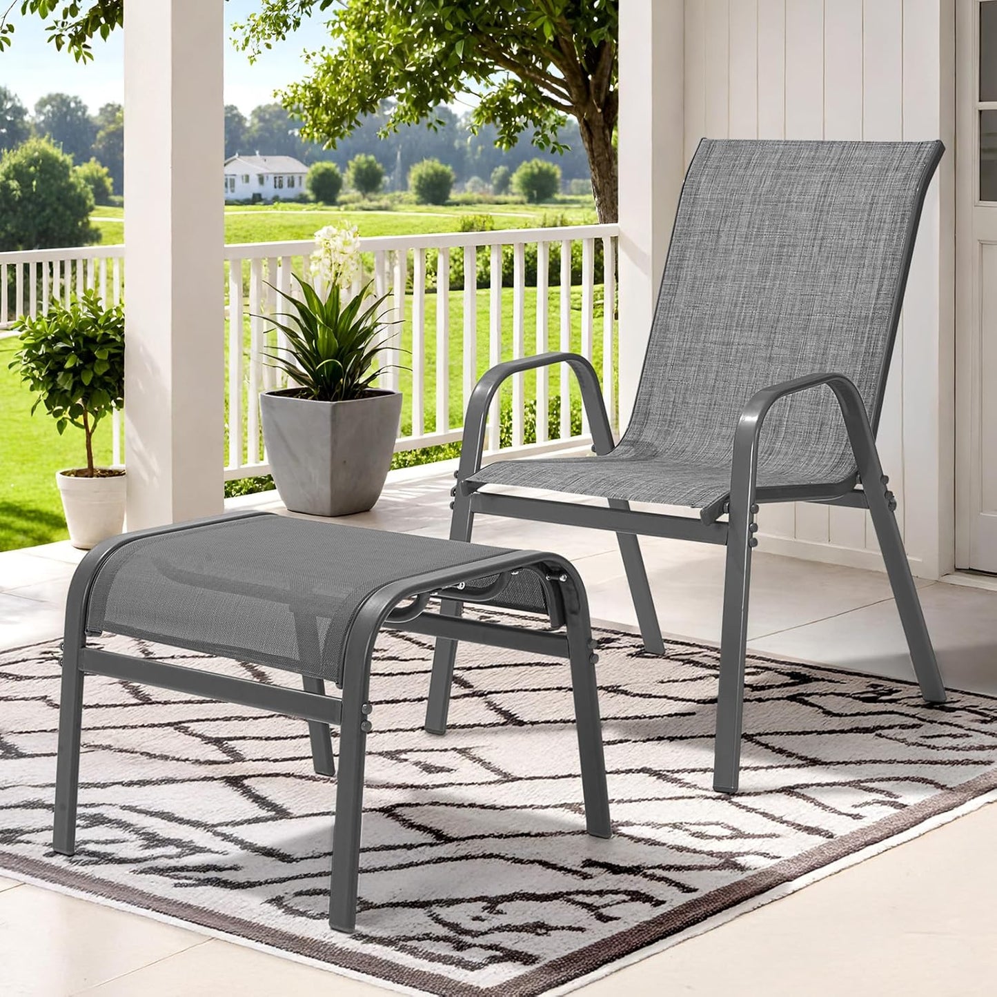 Outdoor Ottoman Set of 2, All Weather Outdoor Foot Stool with Supportive Textliene and Metal Frame