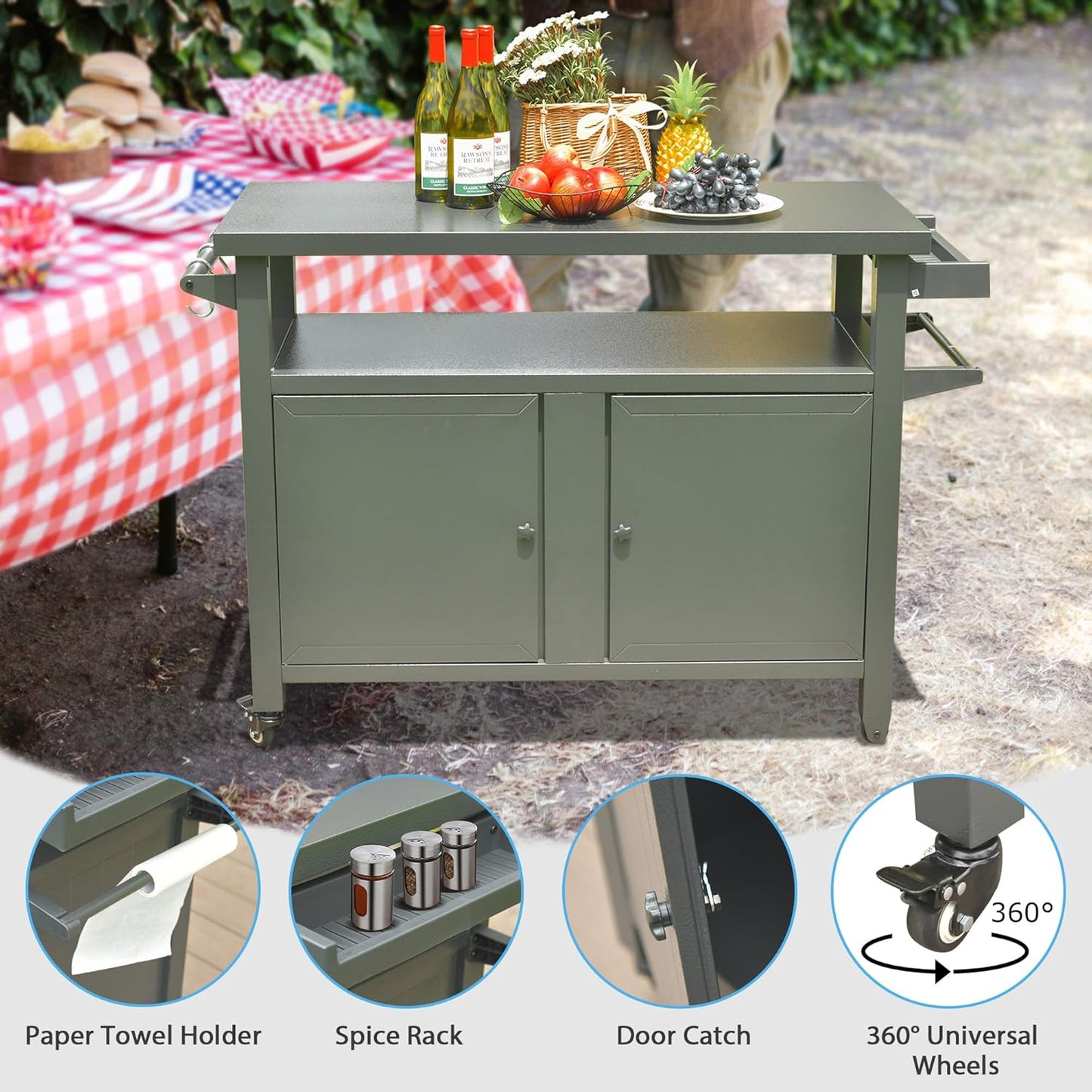 Domi Grill Carts Outdoor Storage Cabinet with Wheels, Metal Outdoor Grill Cart Kitchen Dining Table