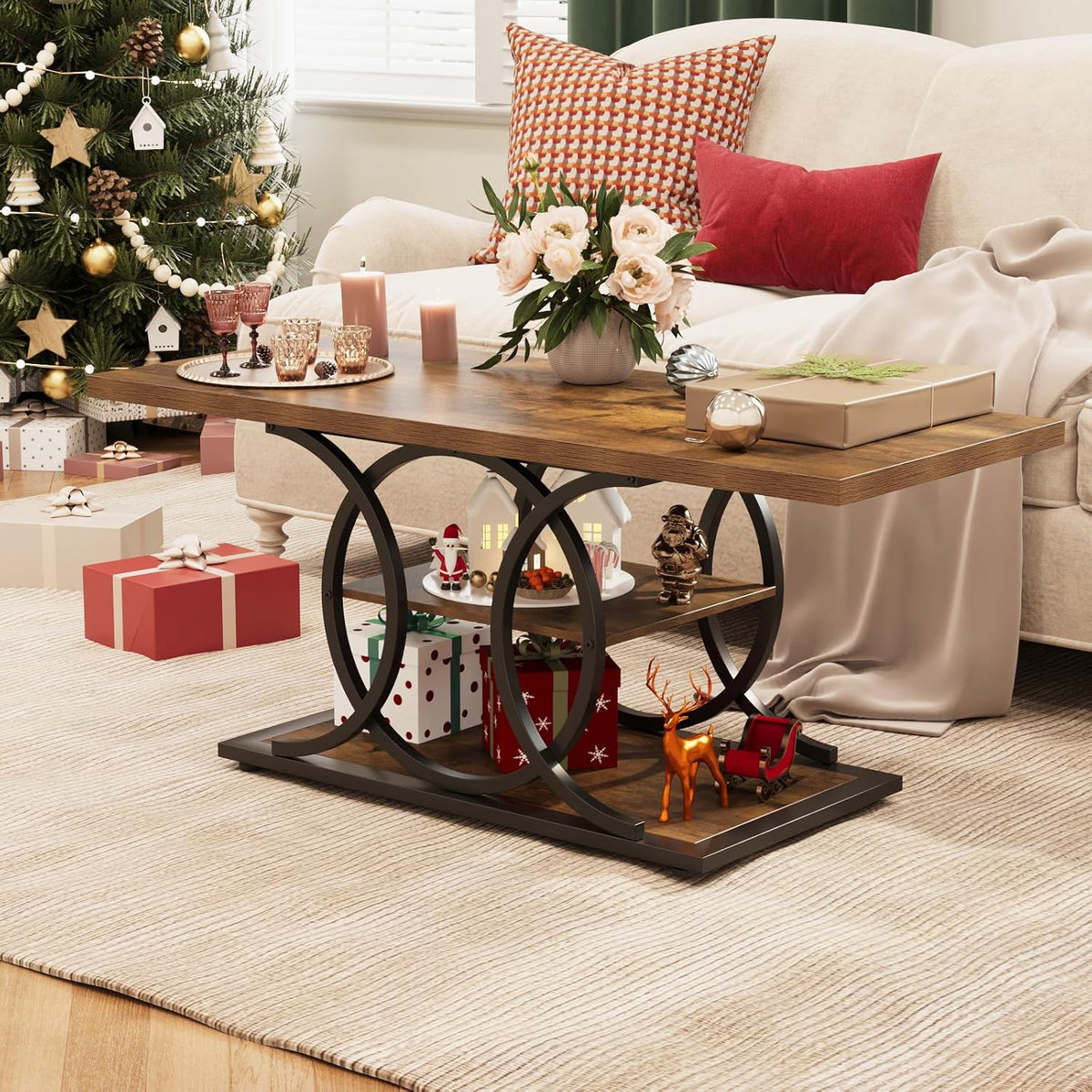 GiftGo Rustic Coffee Table with Storage Industrial 3 Tier Center Living Room Table Farmhouse Wooden