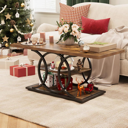 GiftGo Rustic Coffee Table with Storage Industrial 3 Tier Center Living Room Table Farmhouse Wooden