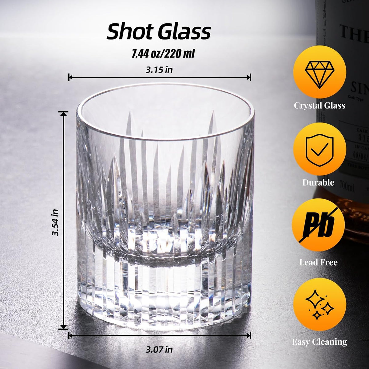 KAMMAK Crystal Whiskey Glasses Set of 2, Luxury 7.44oz Old Fashioned Glasses Stemless, Hand Blown