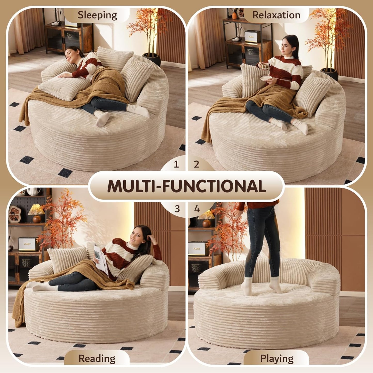 ovios 58" Oversized Round Chair Lounge Chaise Indoor, No Assembly Required, Cloud Large Circle