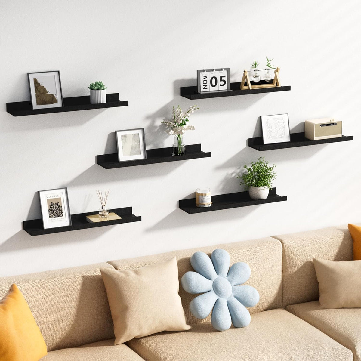 upsimples Floating Shelves for Wall, Wall Shelves for Decor Storage Set of 6, Wall Mounted Wood