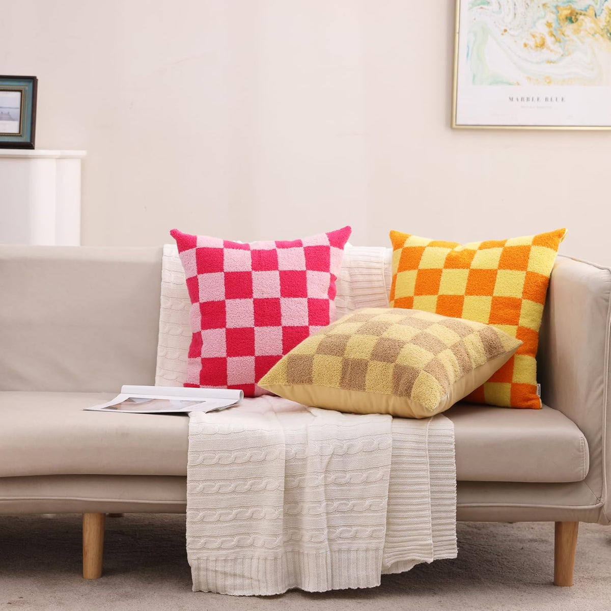 Alysheer Checkered Embroidered Decorative Throw Pillow Covers 18"x 18" Set of 2, Farmhouse Cottage