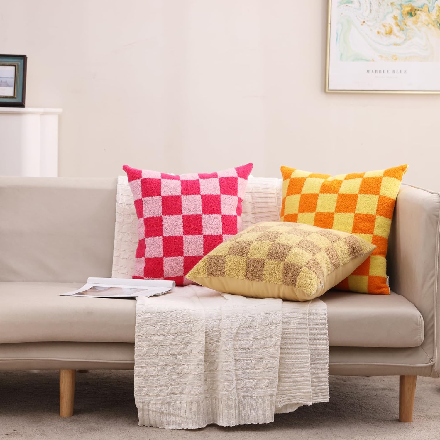 Alysheer Checkered Embroidered Decorative Throw Pillow Covers 18"x 18" Set of 2, Farmhouse Cottage
