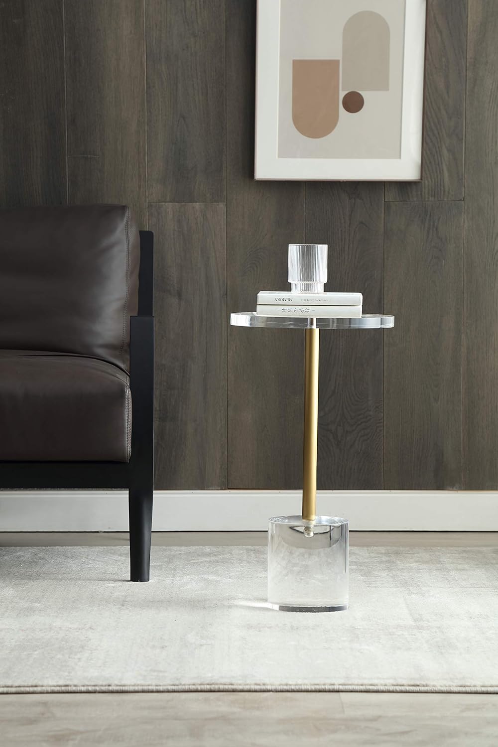 Clear Acrylic End Table,Side Table,Brushed Brass Metal,Round,for Office, Living Room and