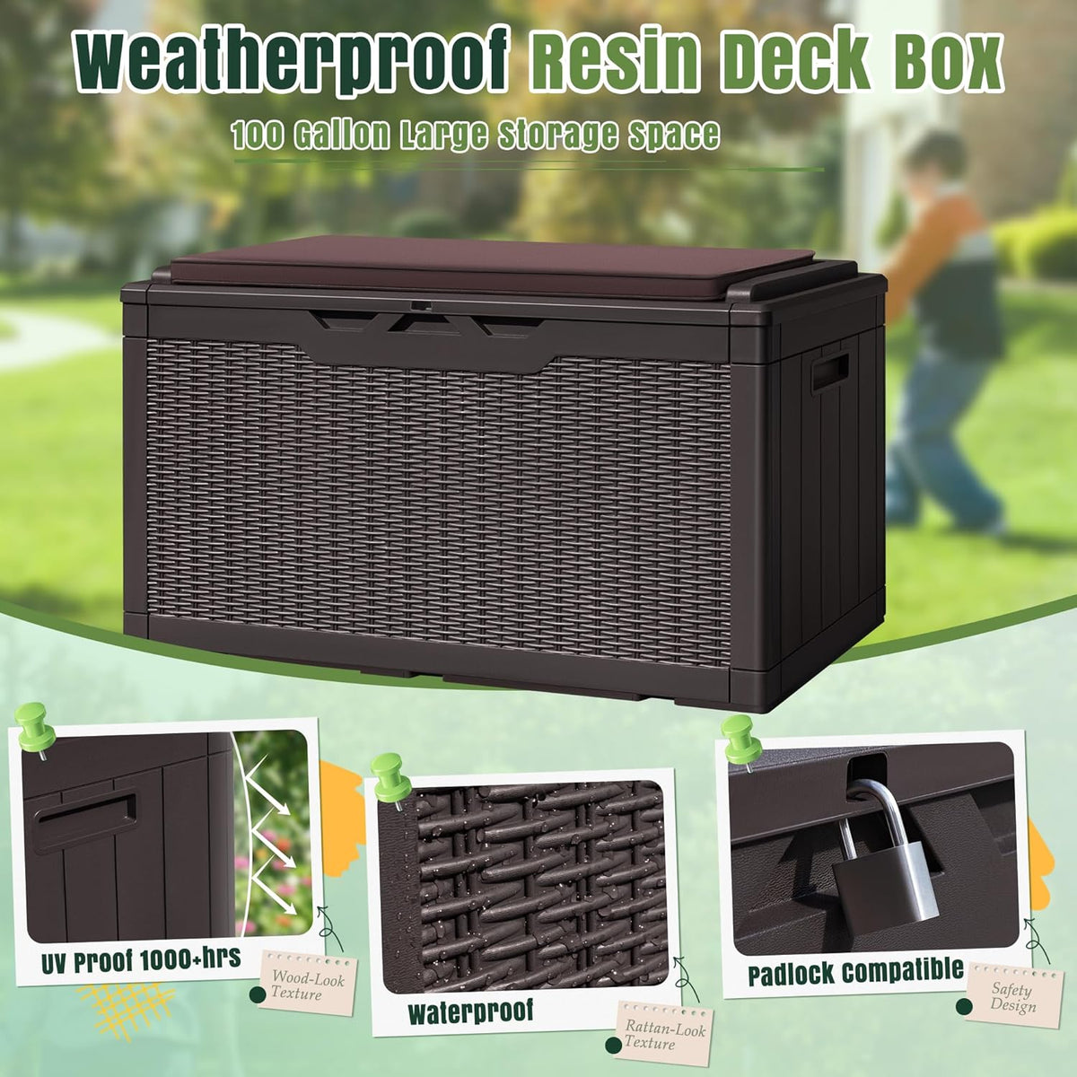 Greesum 100 Gallon Resin Deck Box Large Outdoor Storage with Cushions for Patio Furniture, Garden