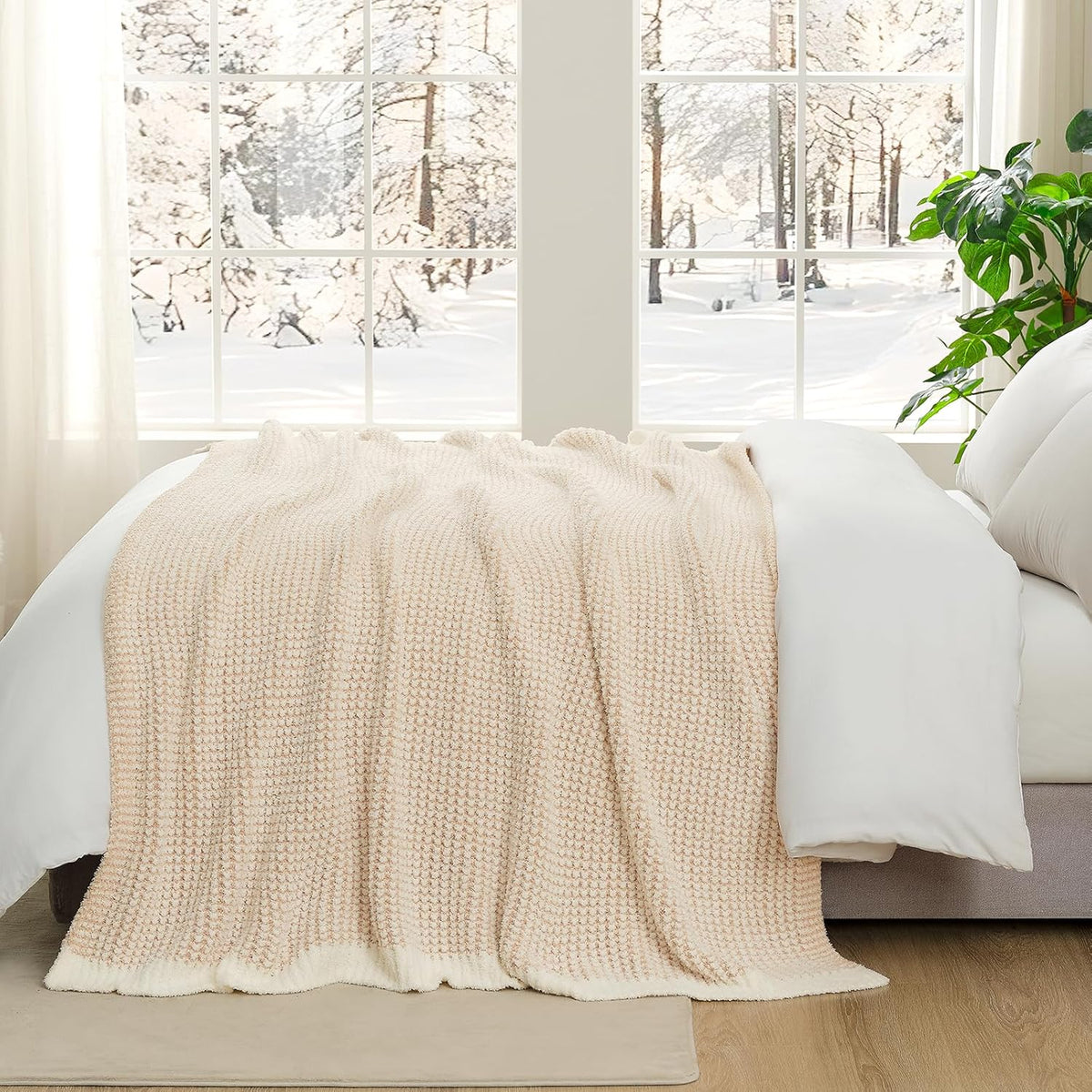 Snuggle Sac Cream Waffle Blanket for Couch Bed Sofa 60x80 inches, Reversible Beige Soft Throw