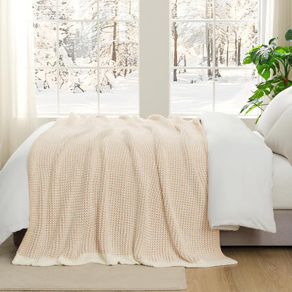 Snuggle Sac Cream Waffle Blanket for Couch Bed Sofa 60x80 inches, Reversible Beige Soft Throw