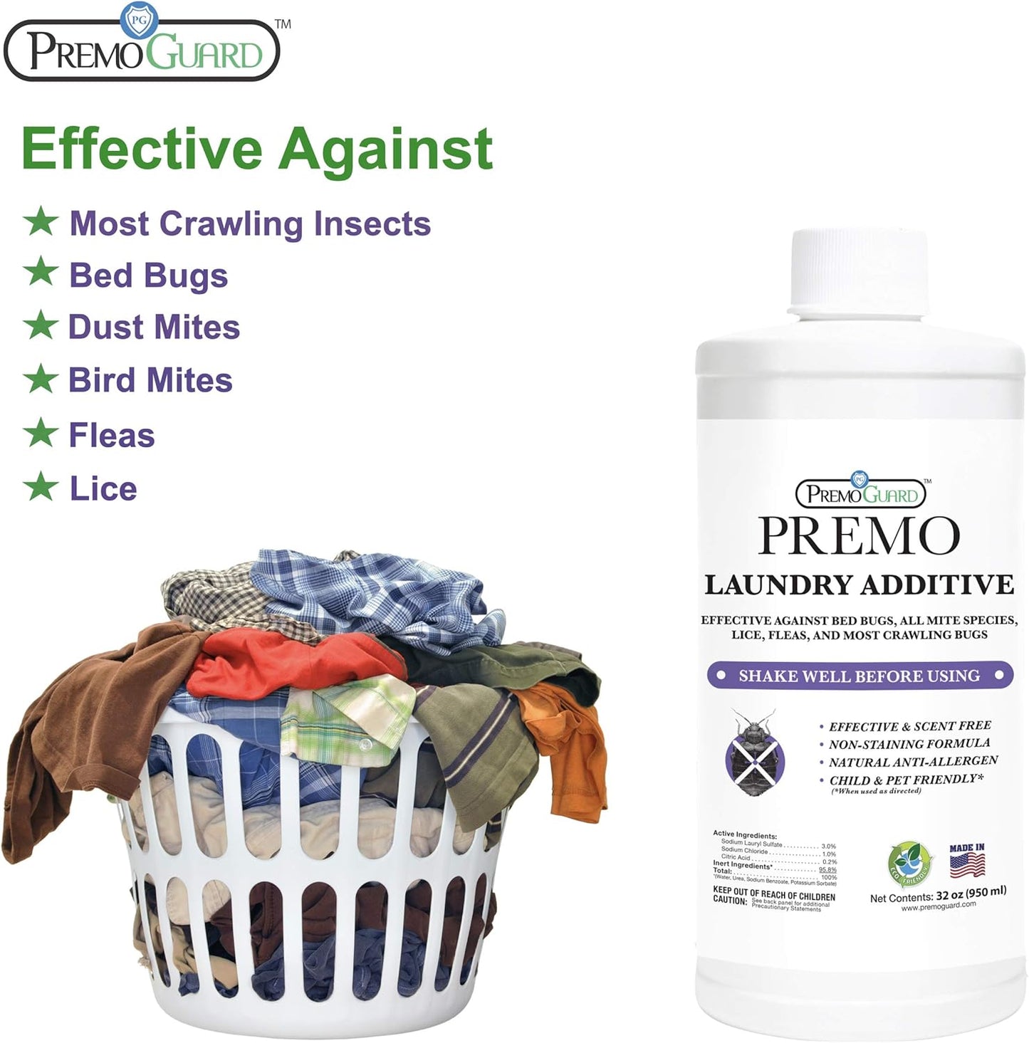 Premo Guard Bed Bug & Mite Laundry Detergent Additive 32 oz – Child & Pet Friendly – Stain & Odor