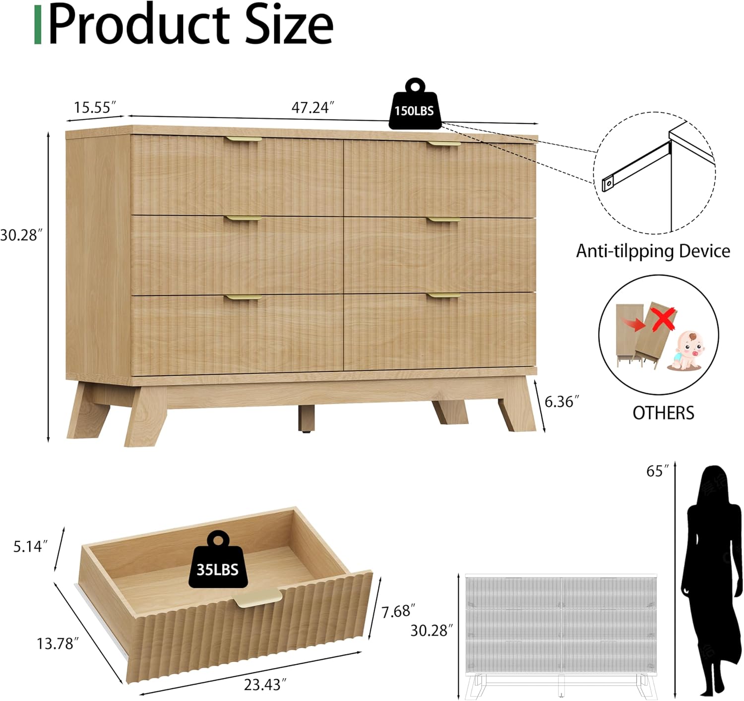 Fluted Dresser for Bedroom with 6 Drawers, 48" Wide Modern Chest of Drawers with Metal Handle