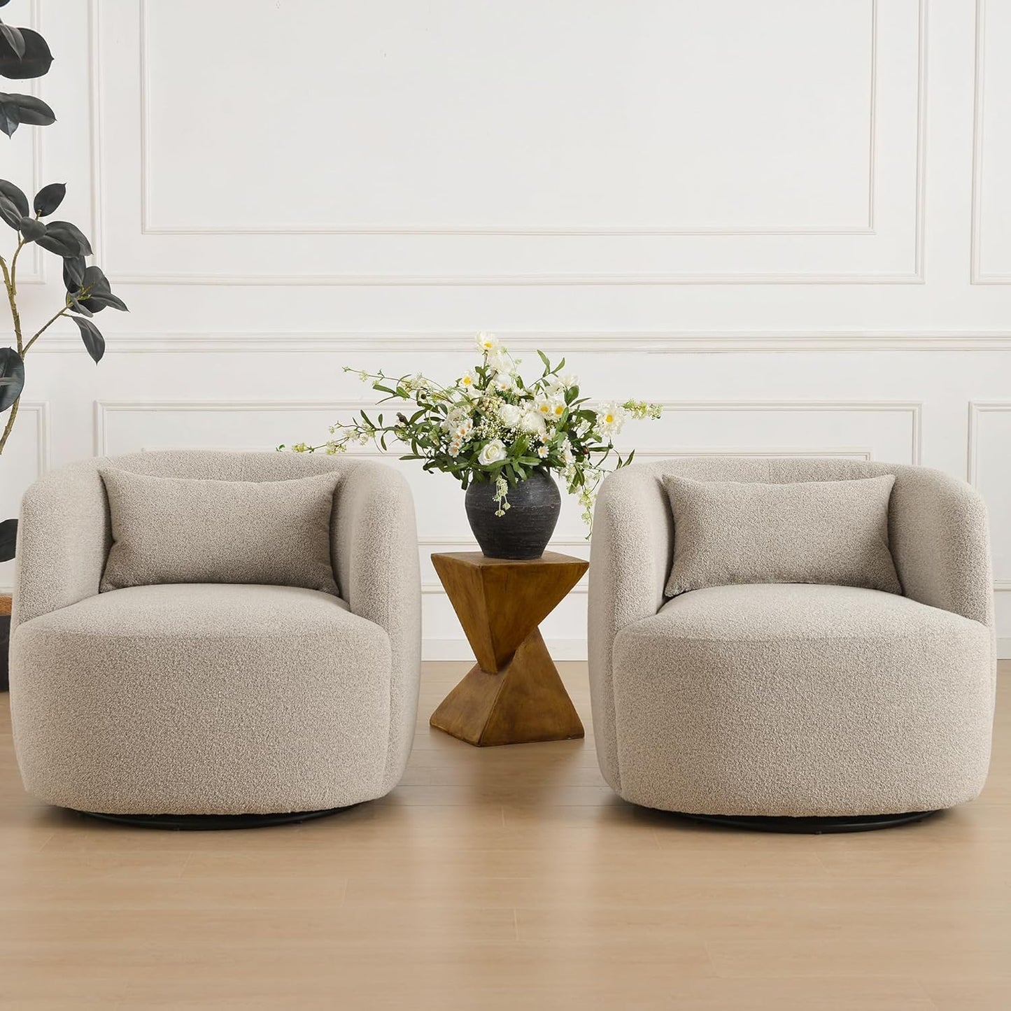 KINWELL 34" Wide Sherpa Swivel Barrel Chairs Set of 2, No Assembly Round Boucle Upholstered Accent