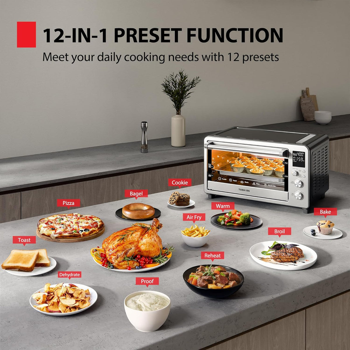 TOSHIBA ChefFry Air Fryer Toaster Oven Combo, 26.4 QT Large Capacity, 12-in-1 Countertop Toaster