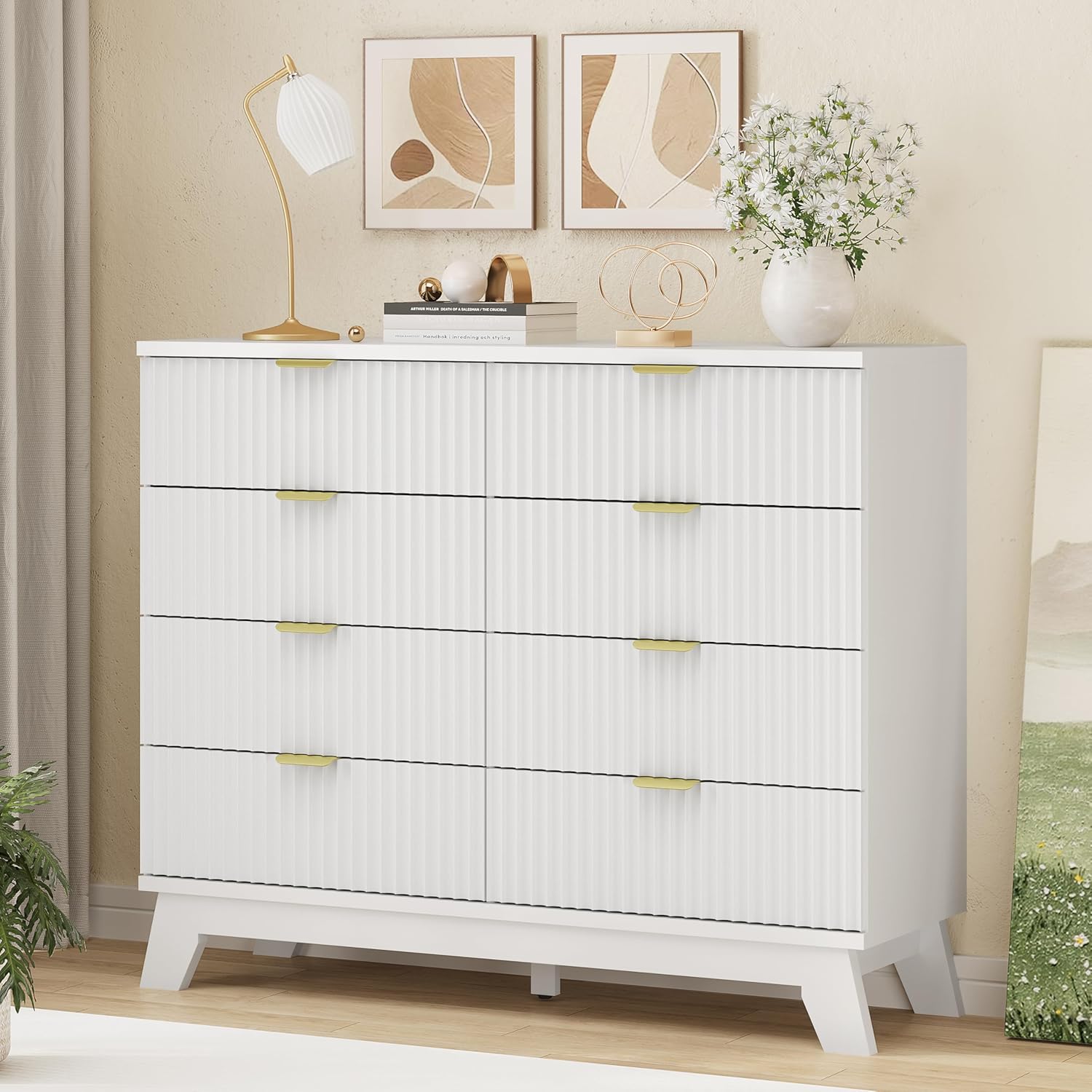 Fluted Dresser for Bedroom with 8 Drawers, 48" Wide Modern Chest of Drawers with Metal Handle