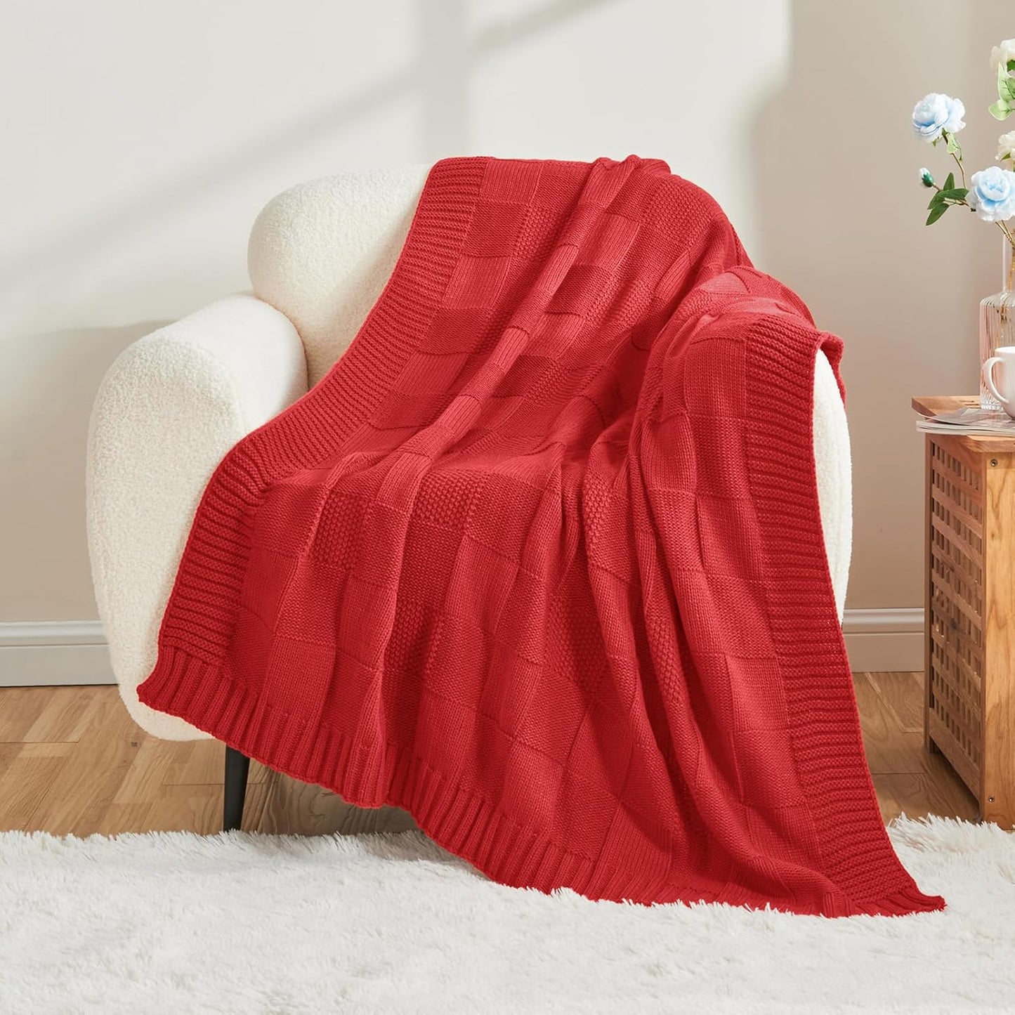 CozeCube Knit Throw Blanket,Christmas Red Checkered Bedroom Blanket for Couch,Soft Cozy Warm