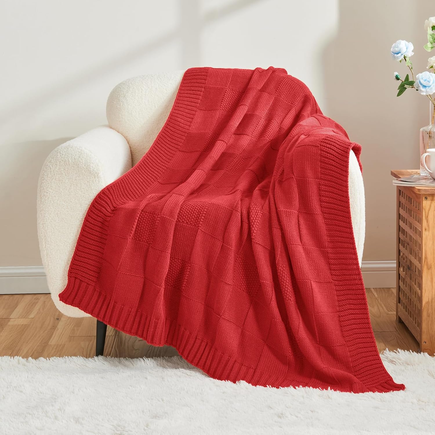 CozeCube Knit Throw Blanket,Christmas Red Checkered Bedroom Blanket for Couch,Soft Cozy Warm