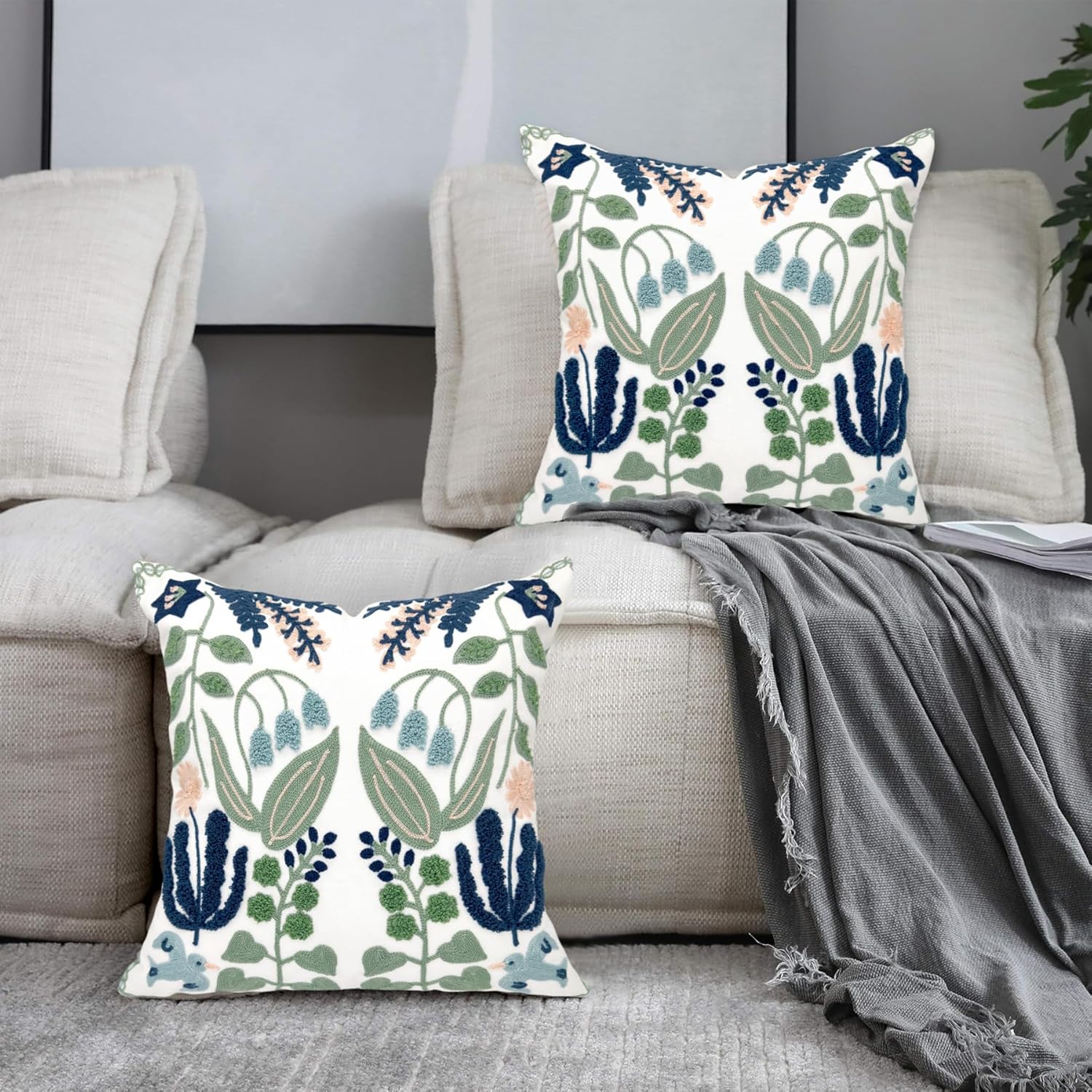 Alysheer Floral Embroidered Summer Decorative Throw Pillow Covers 20"x 20" Set of 2, Farmhouse