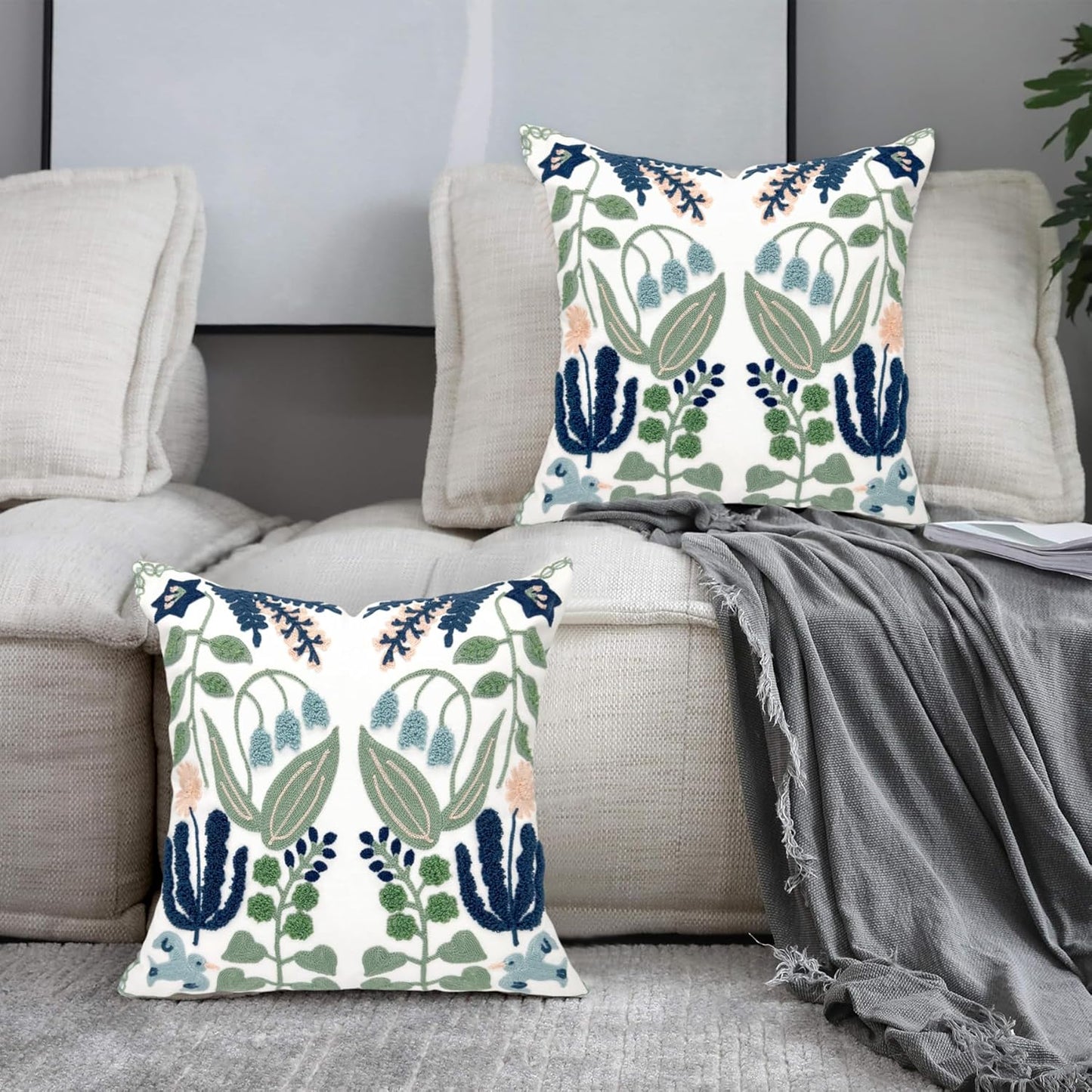 Alysheer Summer Floral Embroidered Decorative Throw Pillow Covers 18"x 18" Set of 2, Farmhouse Navy