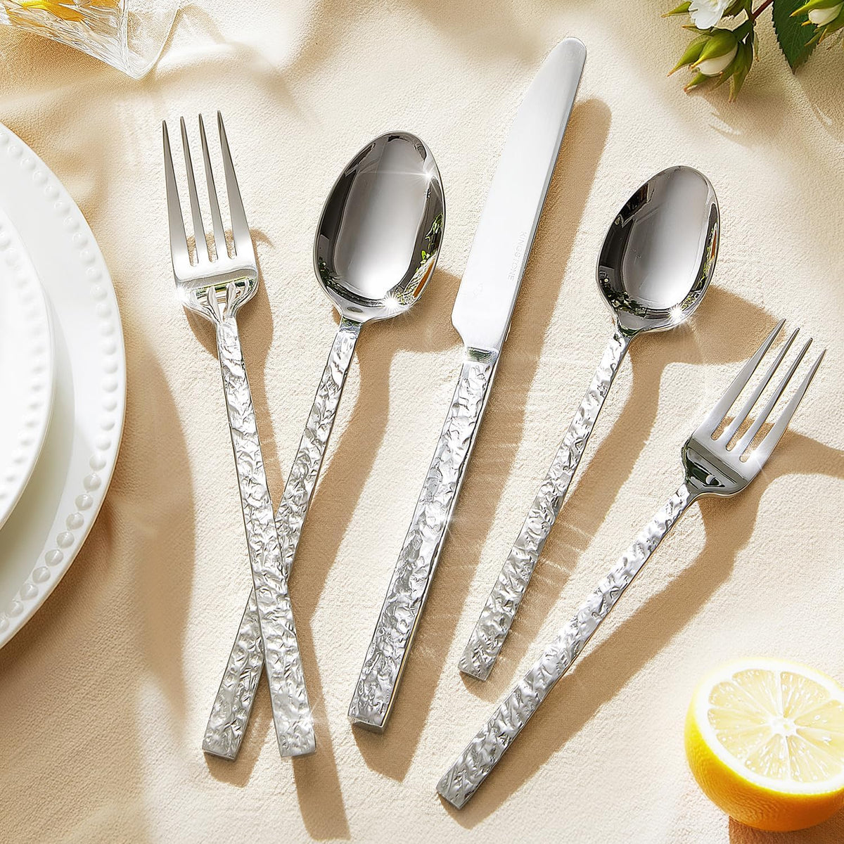 KINGSTONE 60 Pcs Hammered Silverware Set for 12, 18/10 Stainless Steel Heavy Duty Flatware Set