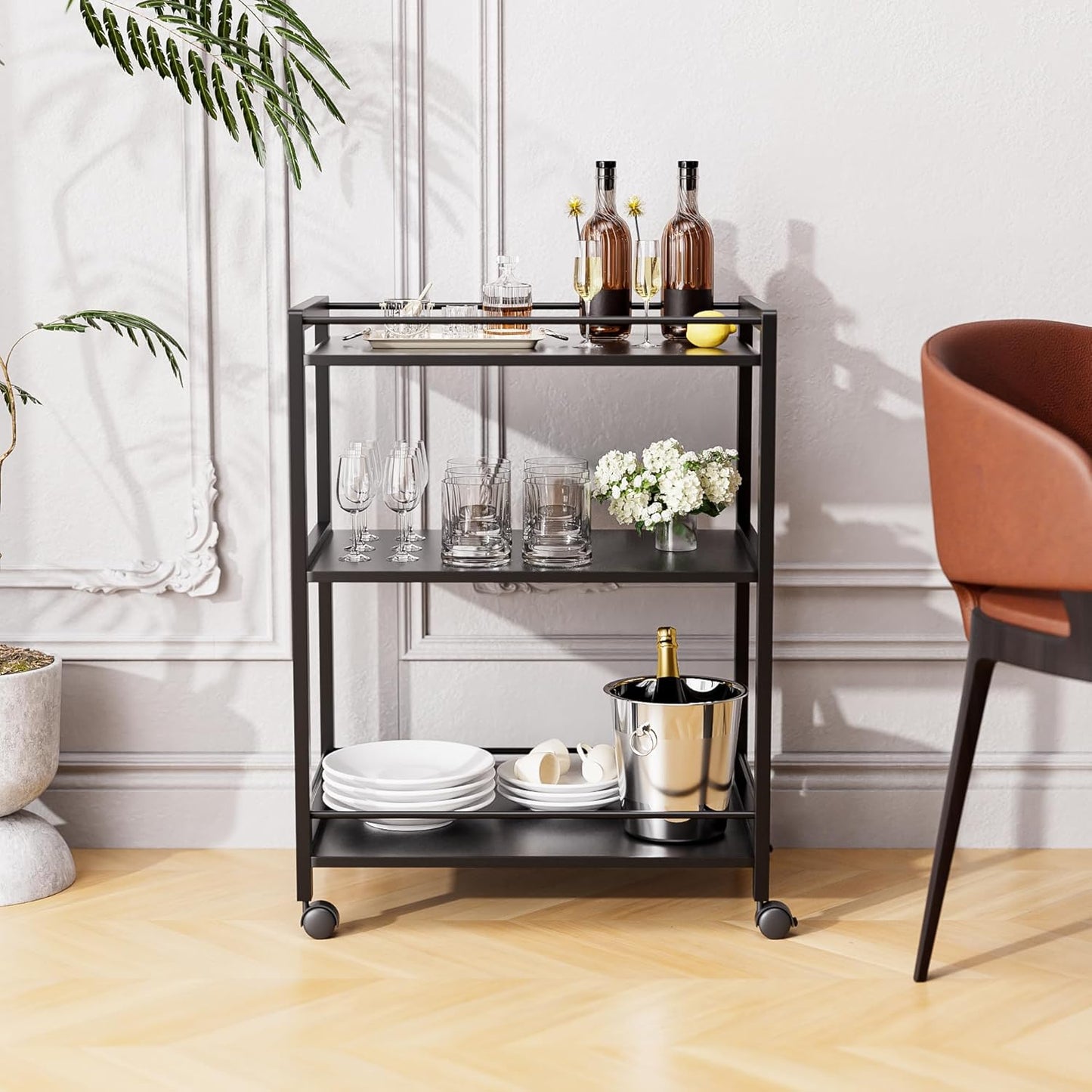 HITNET Bar Cart Black, Serving Cart for Home, 3 Tier Drinks Cart with Wheels, Rolling Beverage Cart
