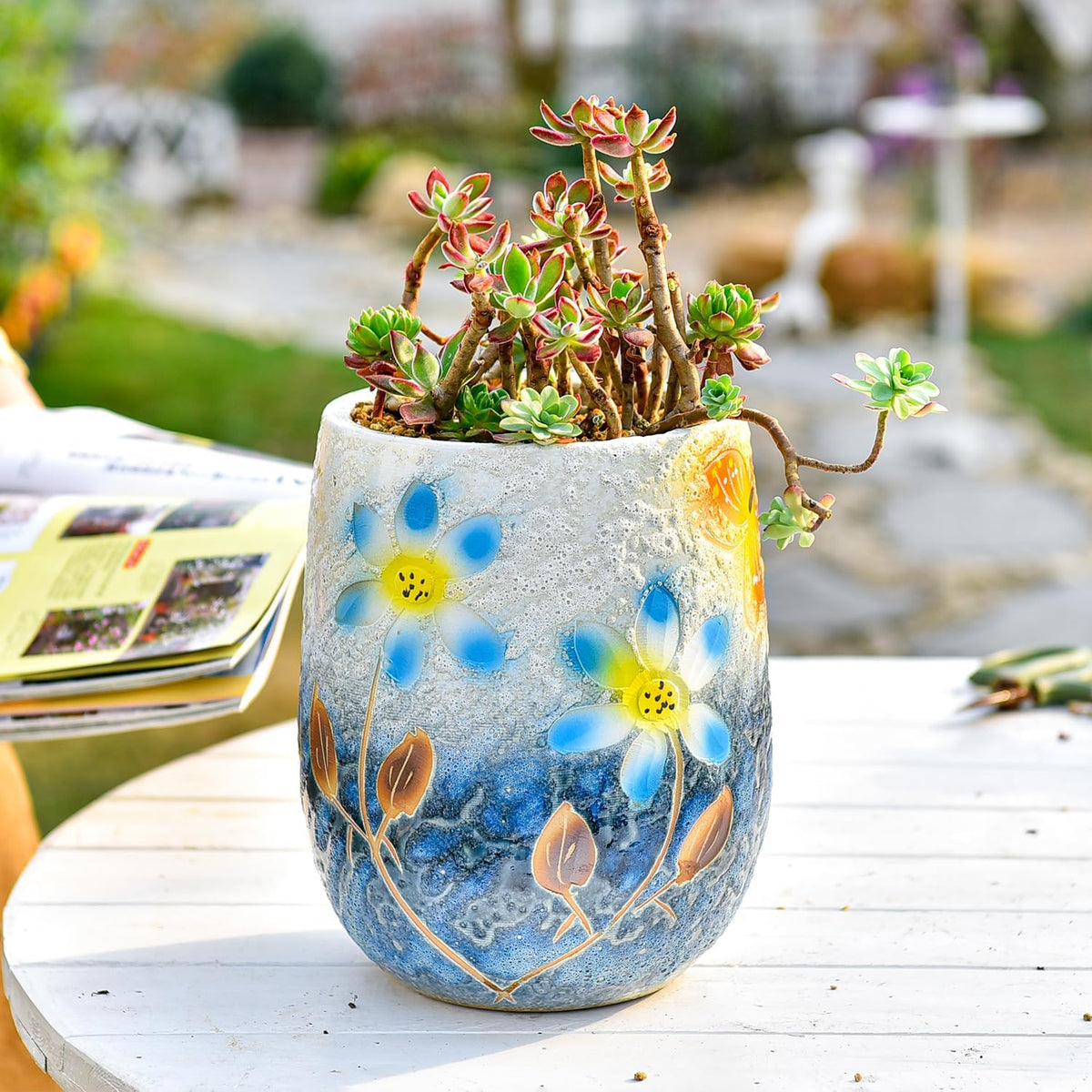 Sungmor 10.6 Inch Ceramic Succulent Plant Pot with Drainage Hole, Hand Painted Flower Pots for