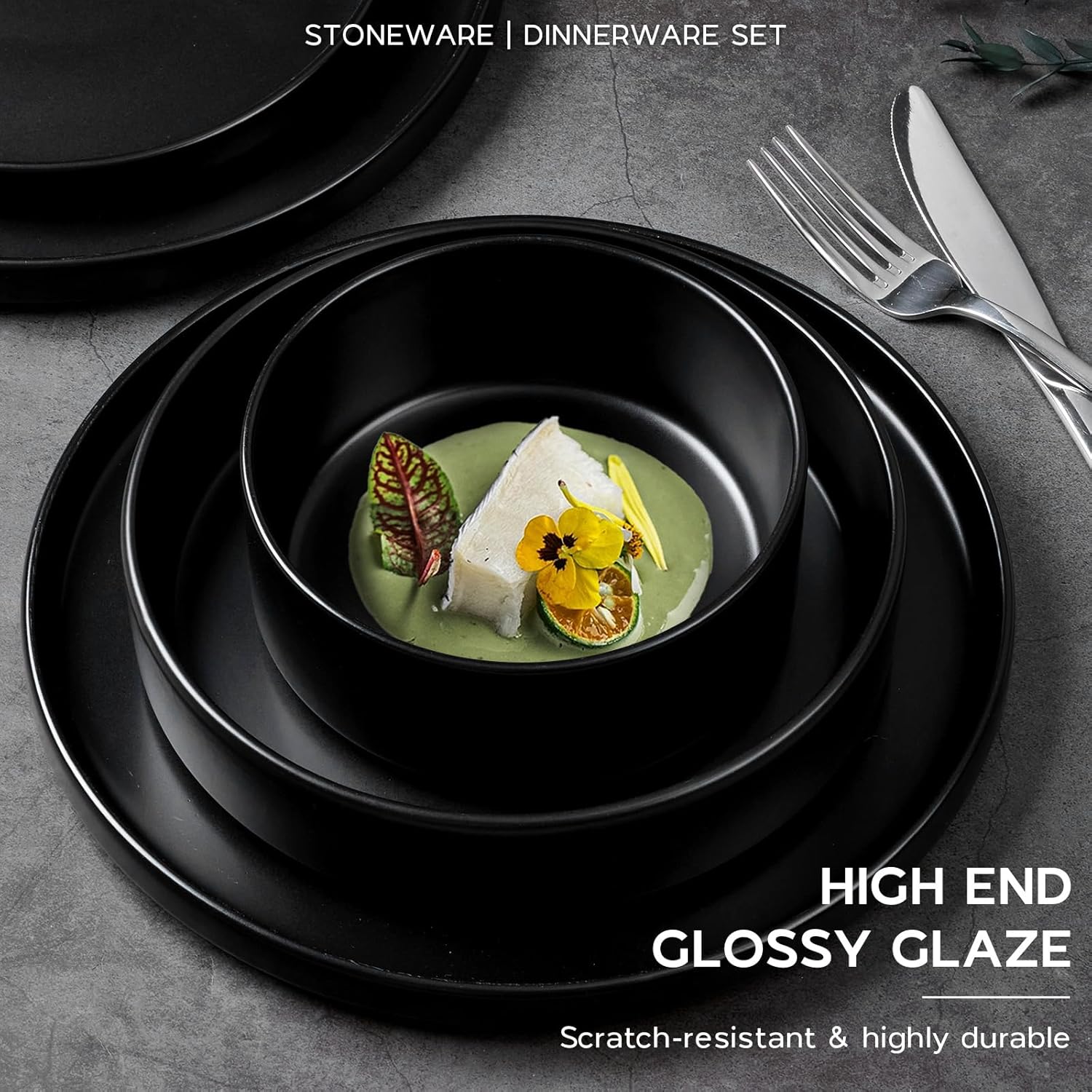 Onader 24 Piece Stoneware Dinnerware Sets with Pasta Bowls, Kitchen Dinner Dishes Set for 6, Plates