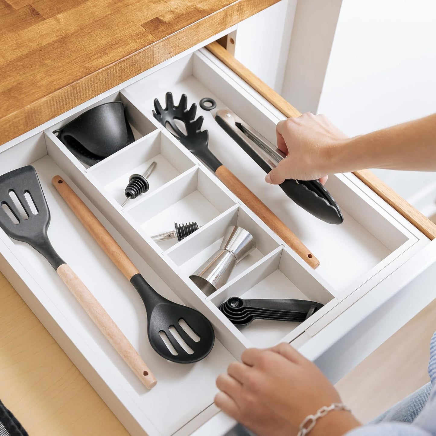 Adjustable Kitchen Drawer Organizer for Utensils and Junk, Food-Safe Contract Grade with 100%