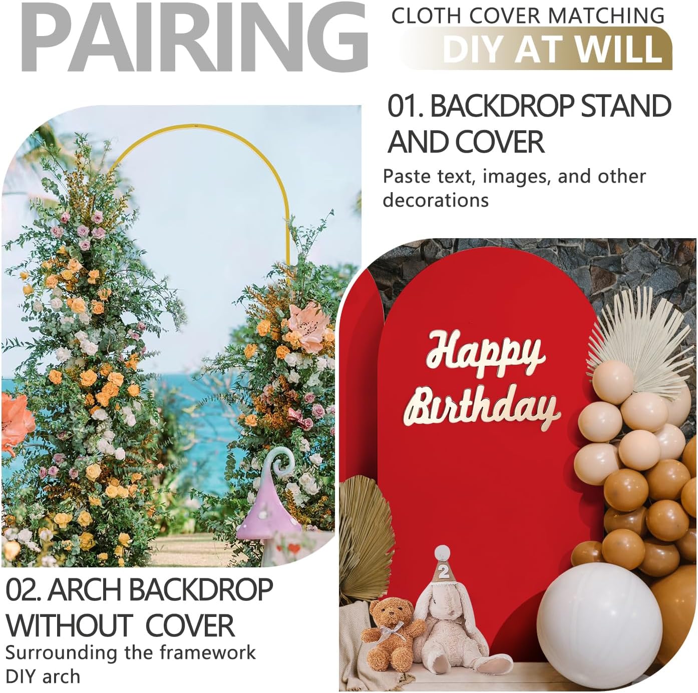 Arch Backdrop Stand and Cover Set, 3 Metal Balloon Arch Backdrop 4ft 5ft 6ft, Gold Arched Stand