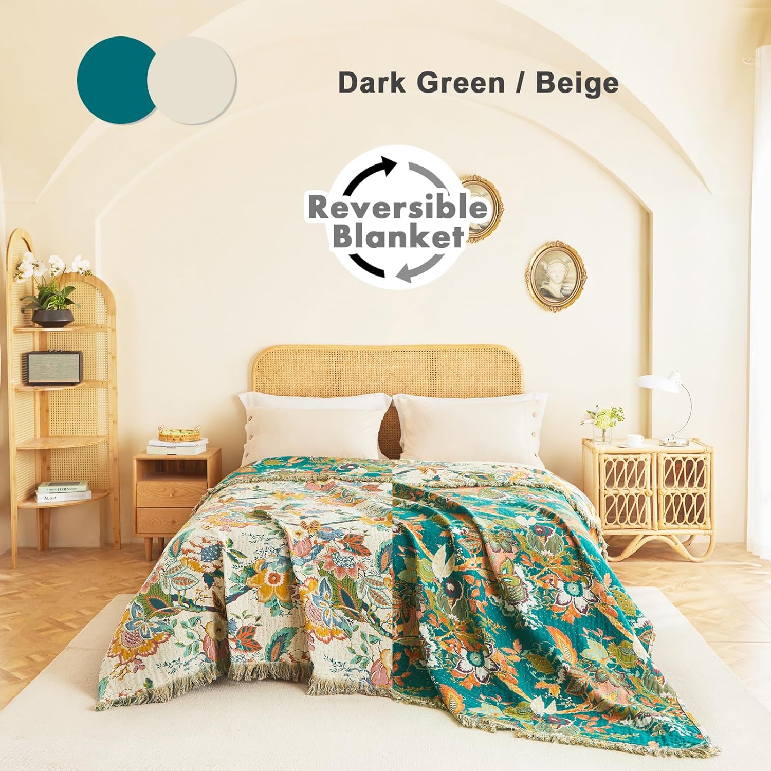 MSGKV Boho Throw Blanket for Couch Bed Chair 100% Cotton Muslin Breathable Vine Embroidery Blanket