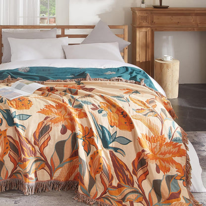 Boho Throw Blanket for Couch Sofa Bed, 100% Cotton Woven Quilt with Tassel 60”x80”, Super Soft