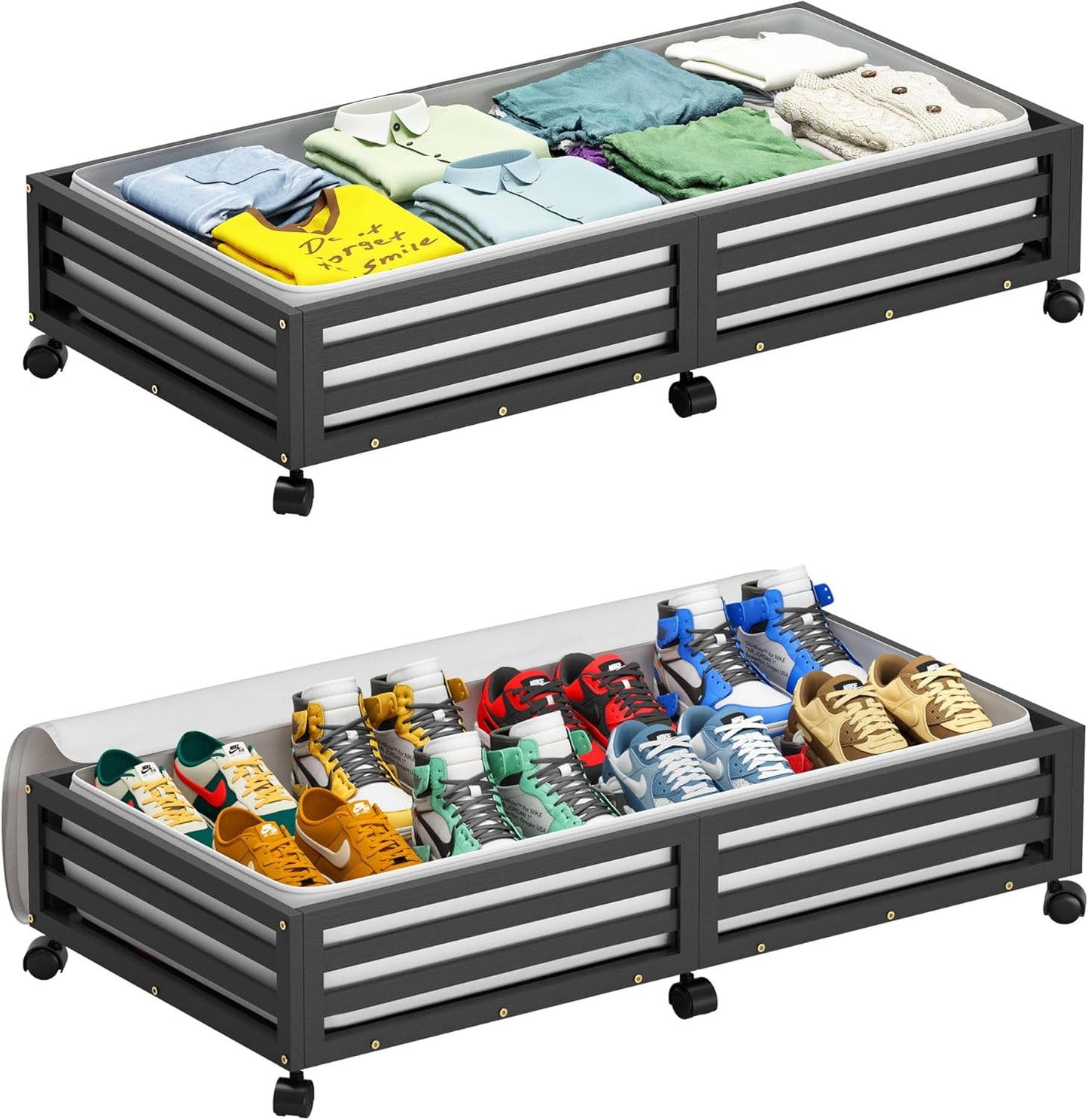 Bamboo Under Bed Storage Containers- Underbed Organizer with Wheels with Large Dust Bag,Sturdy Wood