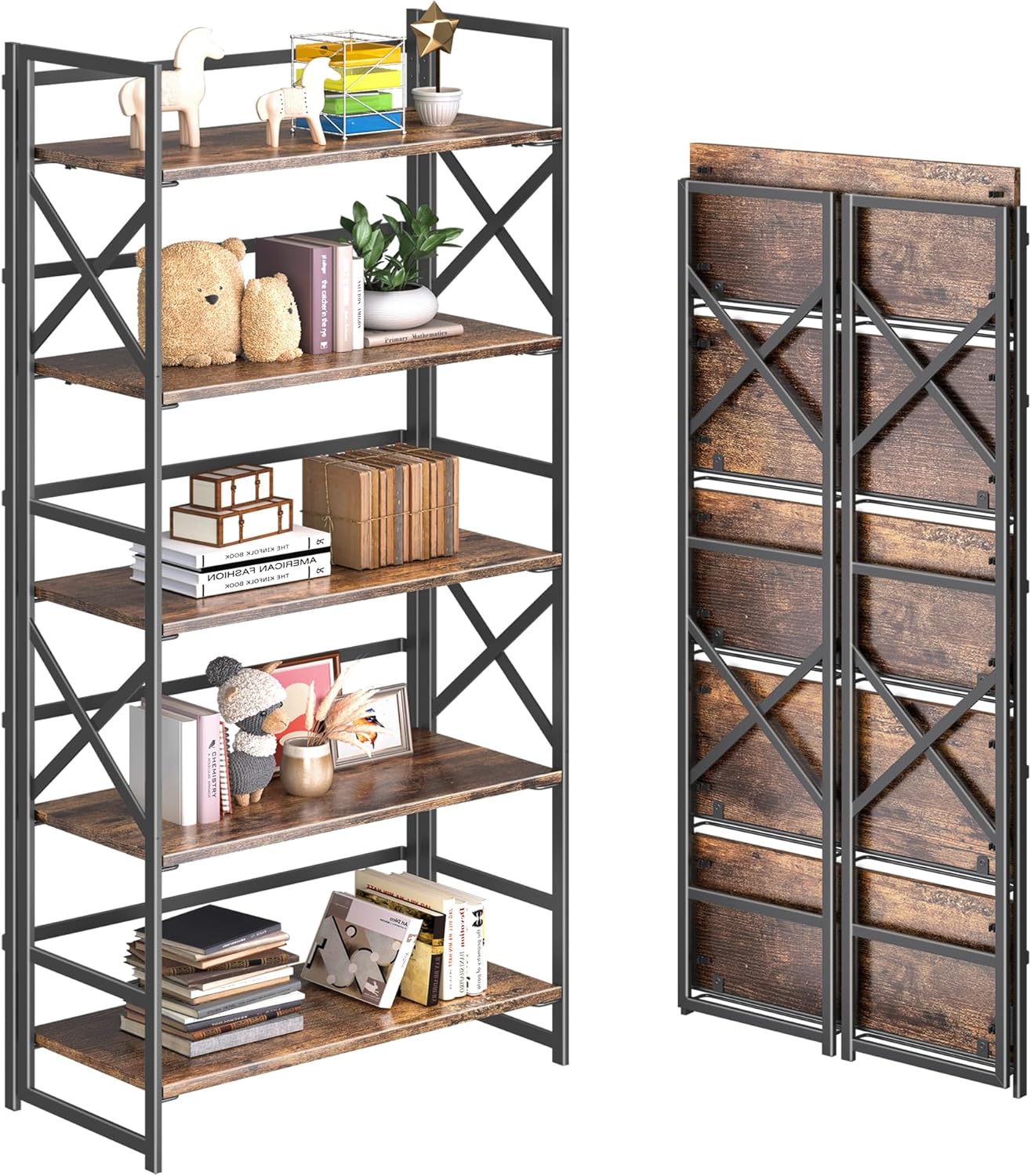 4NM 5 Tiers No Assembly Book Shelves, 51.2" H Folding Bookshelf Bookcase Open Industrial Foldable
