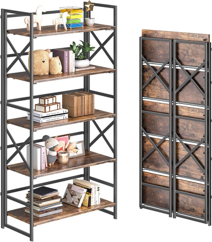 4NM 5 Tiers No Assembly Book Shelves, 51.2" H Folding Bookshelf Bookcase Open Industrial Foldable