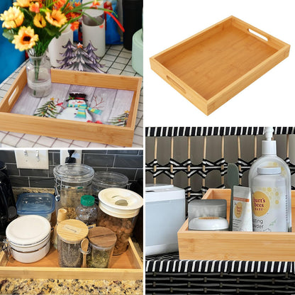 2 Pack Large Bamboo Serving Tray with Handles, 14 x 10 inch Wooden Dinner Tray, Home Kitchen
