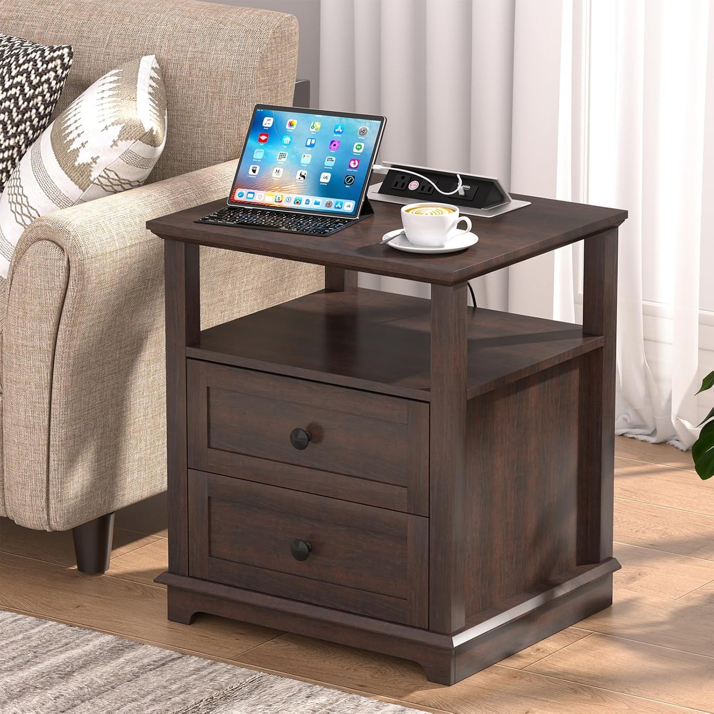 HIFYOBRO 24" Tall End Table with 2 Drawers and Charging Station, Type-C & USB Port & Power outlets