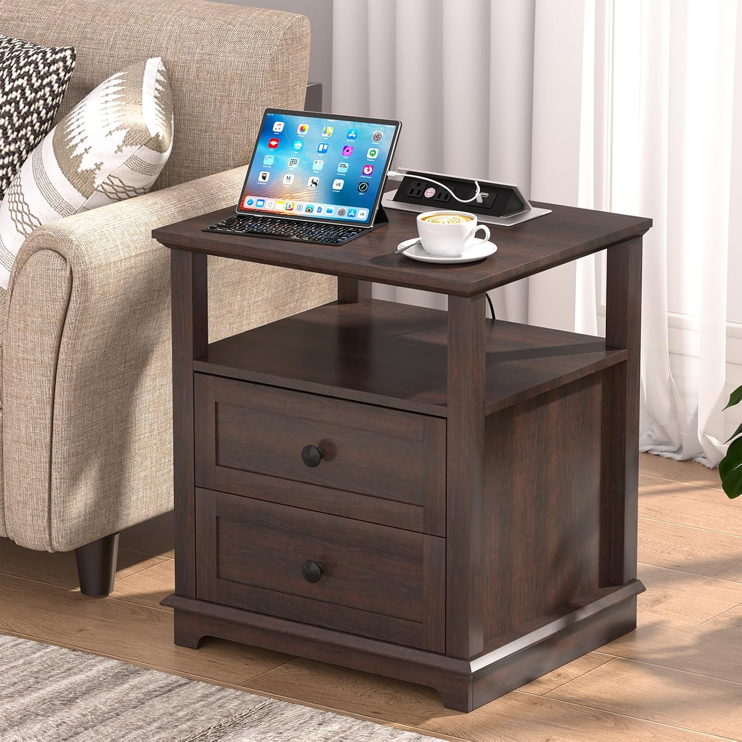 HIFYOBRO 24" Tall End Table with 2 Drawers and Charging Station, Type-C & USB Port & Power outlets