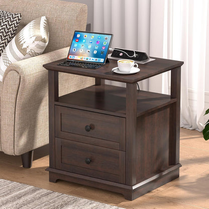 HIFYOBRO 24" Tall End Table with 2 Drawers and Charging Station, Type-C & USB Port & Power outlets