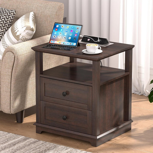 HIFYOBRO 24" Tall End Table with 2 Drawers and Charging Station, Type-C & USB Port & Power outlets