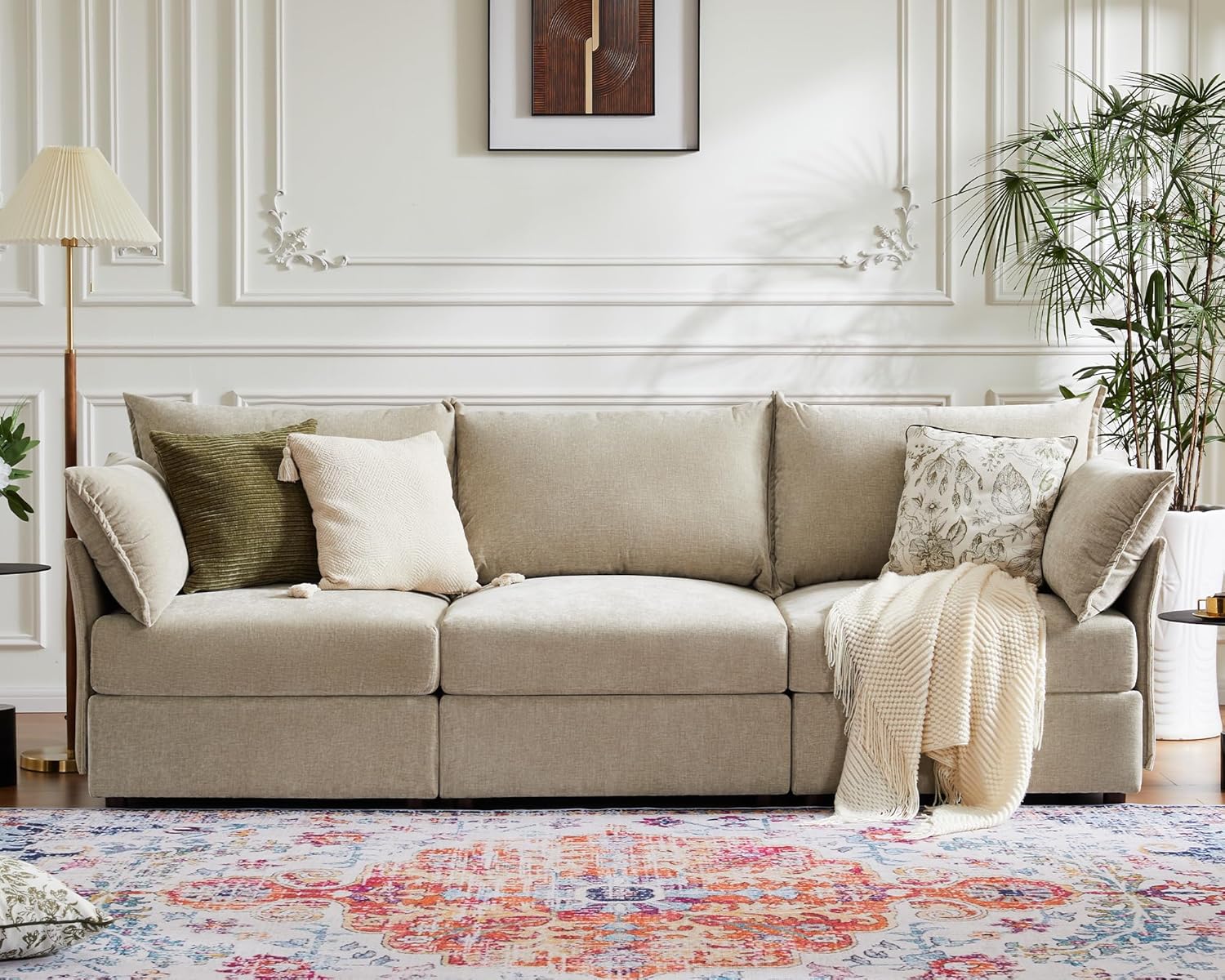 102.6" Modular Sectional Sofa, Oversized 3-Seater Couch with Removable Beige Chenille Fabric Cover