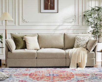 102.6" Modular Sectional Sofa, Oversized 3-Seater Couch with Removable Beige Chenille Fabric Cover