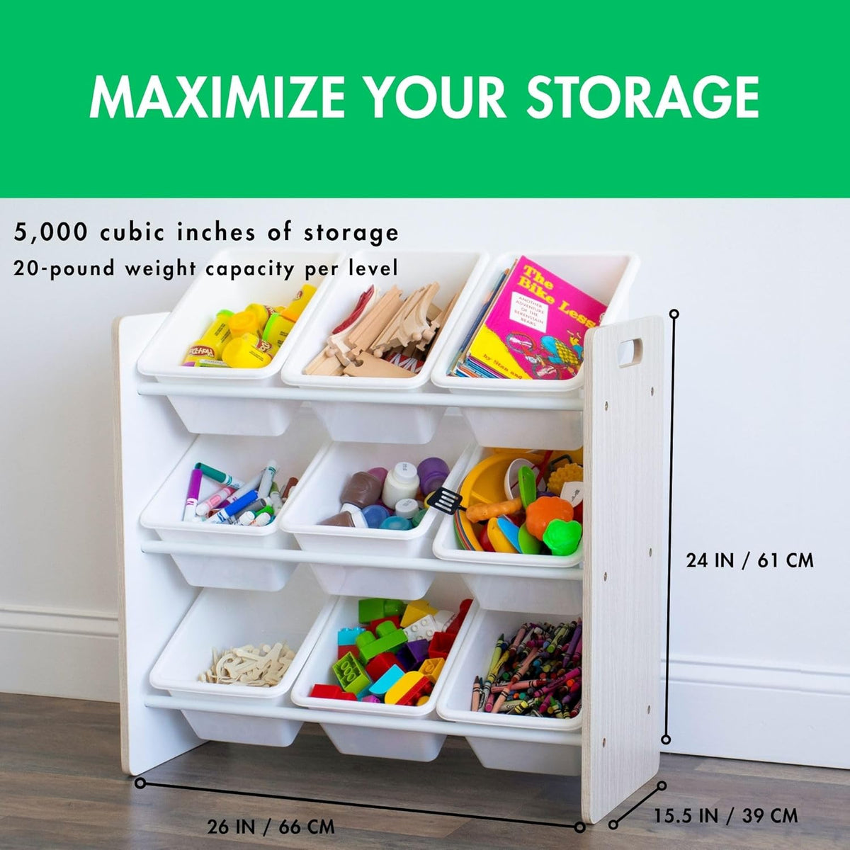 Humble Crew 9-Bin Toy Organizer – Hampton Sandwashed with White Plastic Bins, 3-Tier Storage