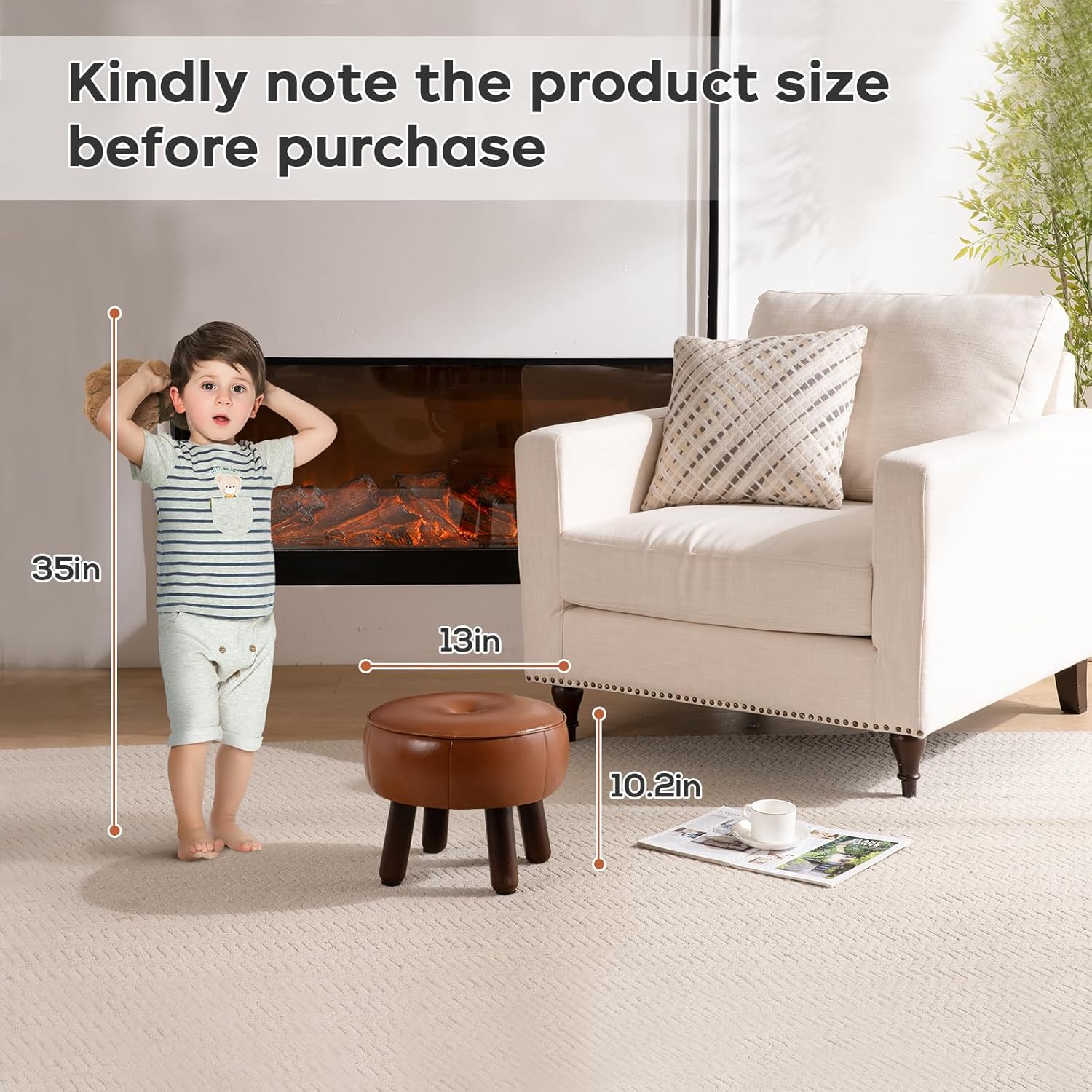 Small Foot Stool, Round Faux Leather Pouf Ottoman Foot Rest, Footstool Ottomans with Rubber Legs