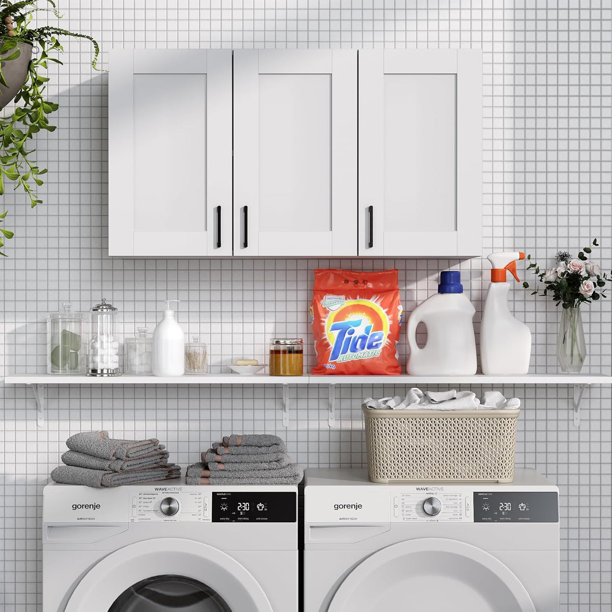 White Laundry Room Cabinets and Storage with 3 Doors and Utility Adjustable Shelf，Gabinetes Para