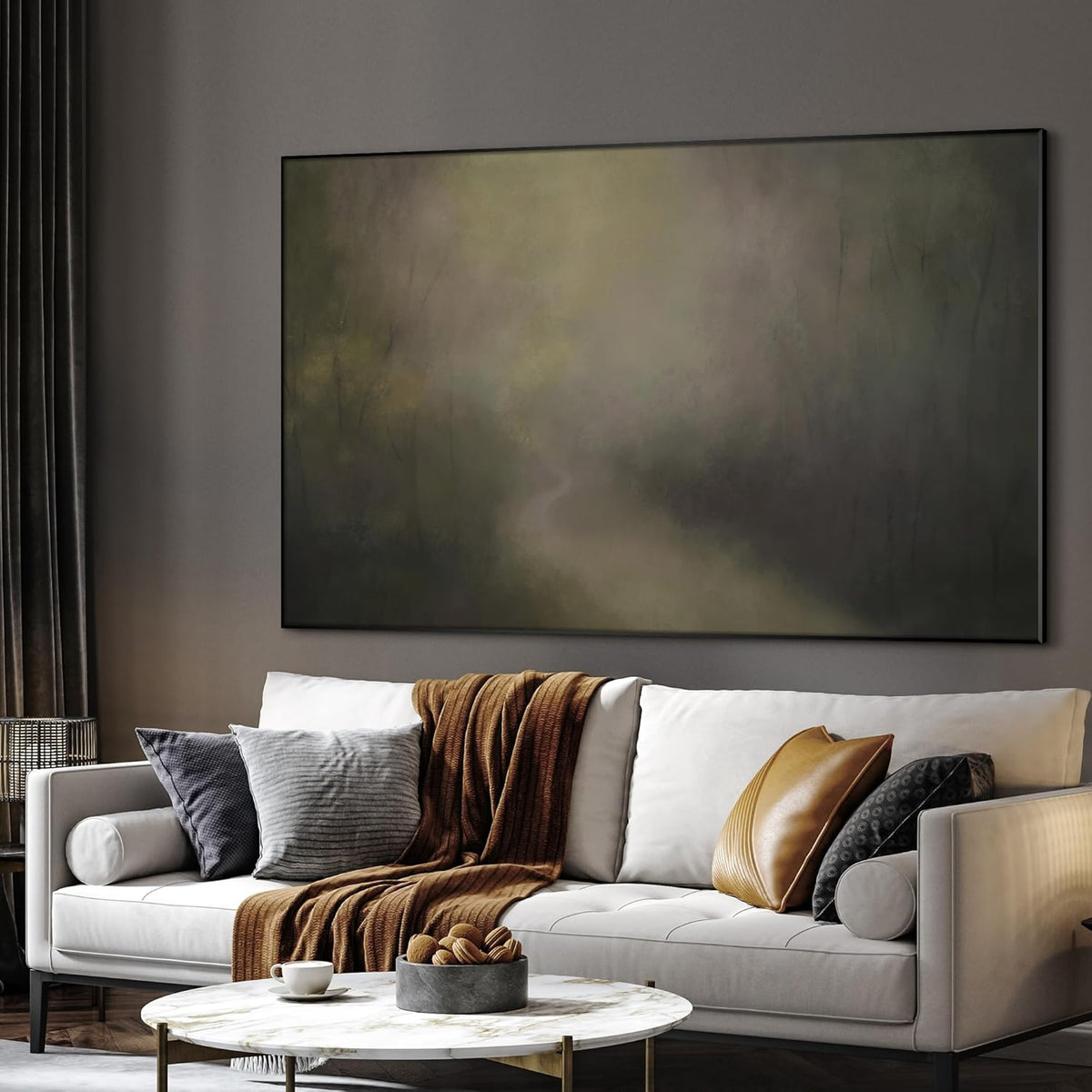 SIGNWIN 46"x72" Extra Large Framed Wall Art Muted Forest Path Soft Misty Woodland Scene