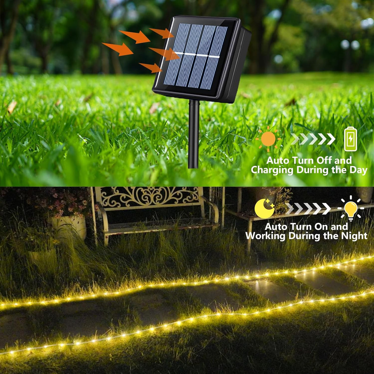YEGUO 2 Packs Each 33ft 100 LED Solar Rope Lights Outdoor Waterproof, Warm White String Lights for